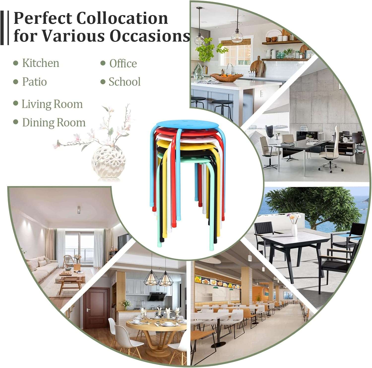 COSTWAY 6-Pack Plastic Stack Stools, 17.5-Inch Portable Stackable Stools with Metal Frame, Backless School Classroom Decoration Stools with Round Top, Mulit Color for Students Child Kids - 8