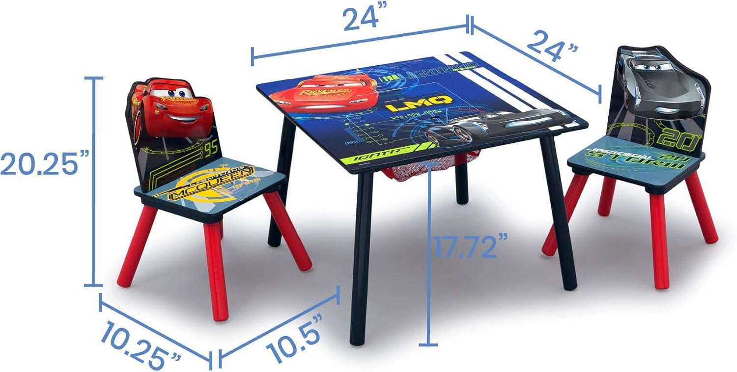 Delta Children Kids Table and Chair Set With Storage (2 Chairs Included) - Ideal for Arts & Crafts, Snack Time, Homework & More, Disney-Pixar Cars, 3 Piece Set - 3