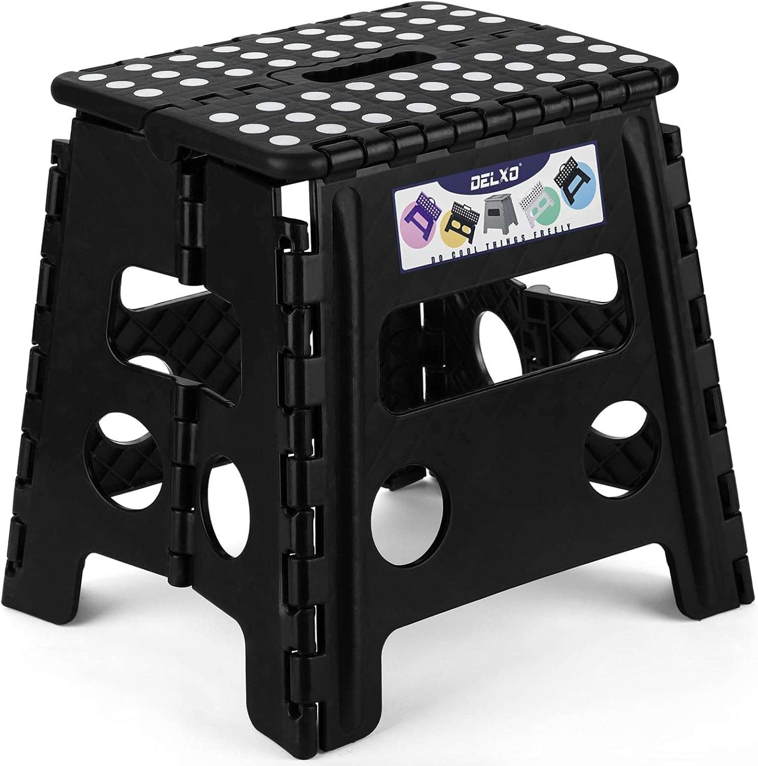 Delxo Folding Step Stool, 13 inch Non-Slip Foldable Stools for Kids & Adults Up to 300 LBS, Step Stool with Handle, Lightweight for Kitchen, Bathroom, Bedroom, Garden, Black - 1