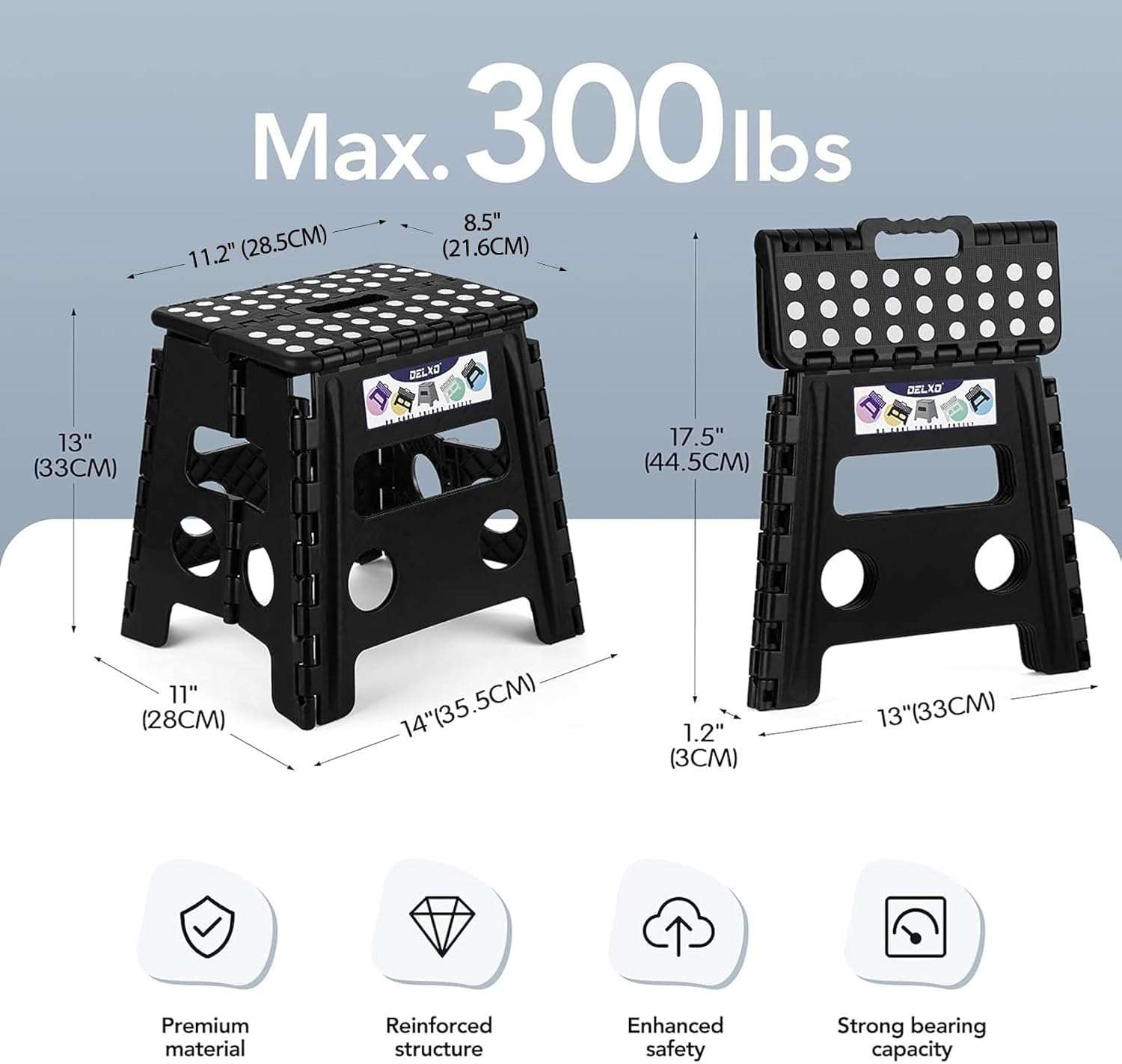 Delxo Folding Step Stool, 13 inch Non-Slip Foldable Stools for Kids & Adults Up to 300 LBS, Step Stool with Handle, Lightweight for Kitchen, Bathroom, Bedroom, Garden, Black - 2