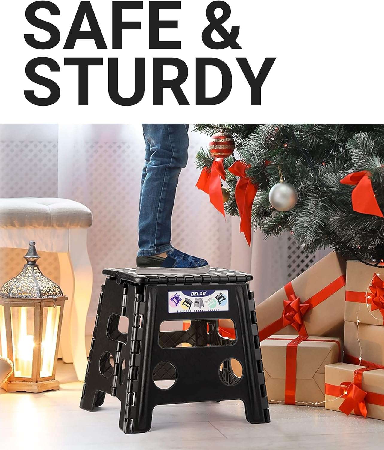 Delxo Folding Step Stool, 13 inch Non-Slip Foldable Stools for Kids & Adults Up to 300 LBS, Step Stool with Handle, Lightweight for Kitchen, Bathroom, Bedroom, Garden, Black - 3