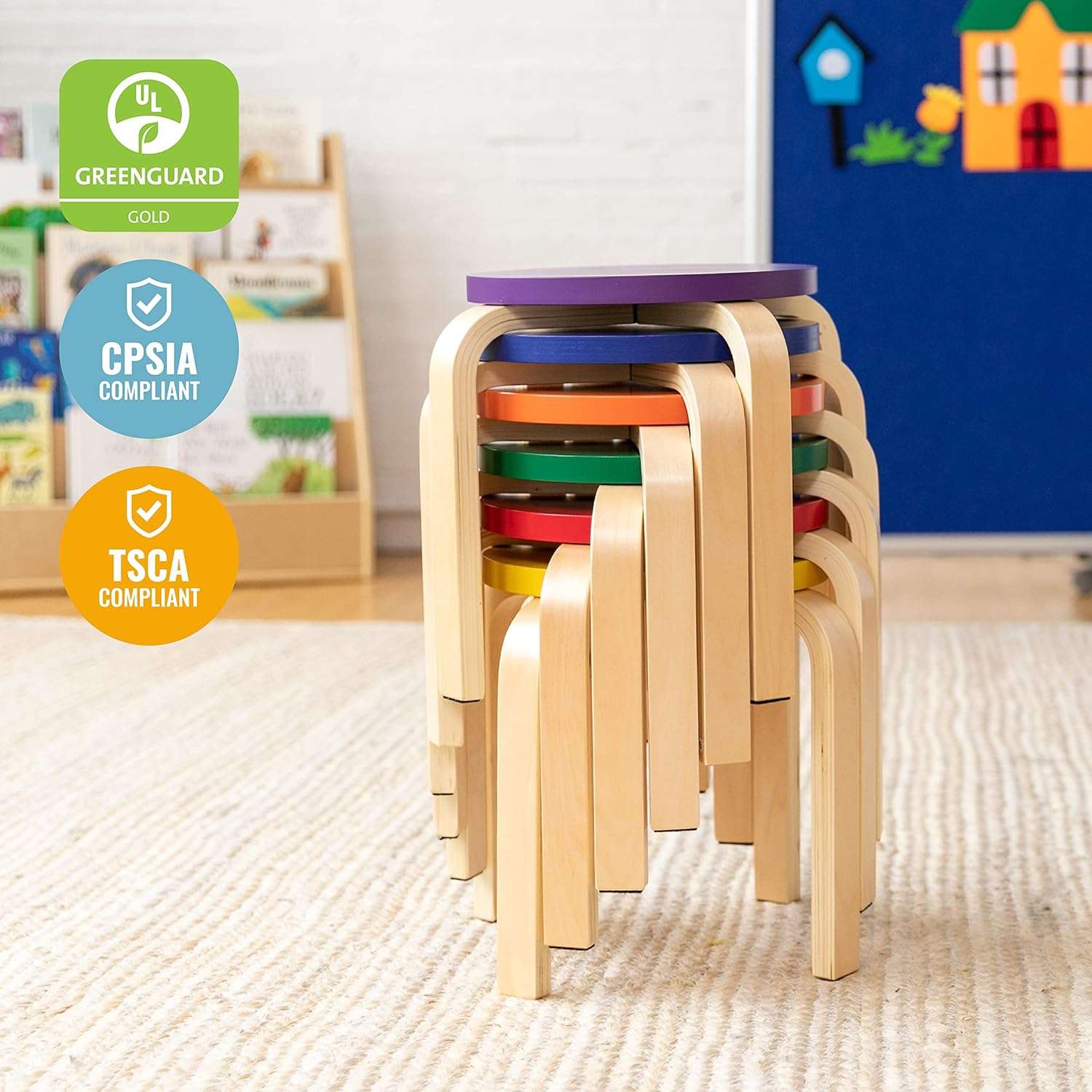 ECR4Kids Bentwood Stackable Stools, Classroom Furniture, Assorted, 6-Piece - 6