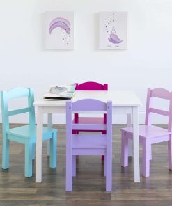 Humble Crew Kids Wooden Table and 4 Chairs Set, White-Pink-Purple-Aqua - Kids Table and Chair Set for Toddlers and Children for Arts, Crafts, and Snack Time - Sturdy, Durable Toddler Activity Table - 3