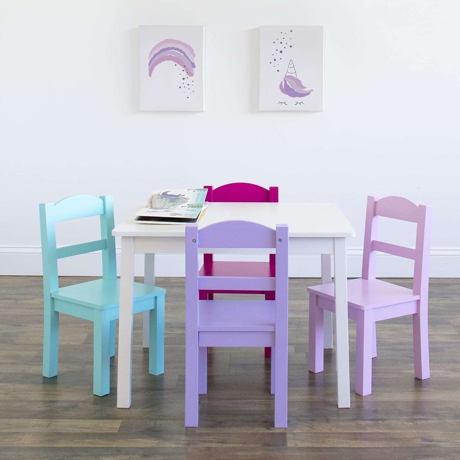 Humble Crew Kids Wooden Table and 4 Chairs Set, White-Pink-Purple-Aqua - Kids Table and Chair Set for Toddlers and Children for Arts, Crafts, and Snack Time - Sturdy, Durable Toddler Activity Table - 3