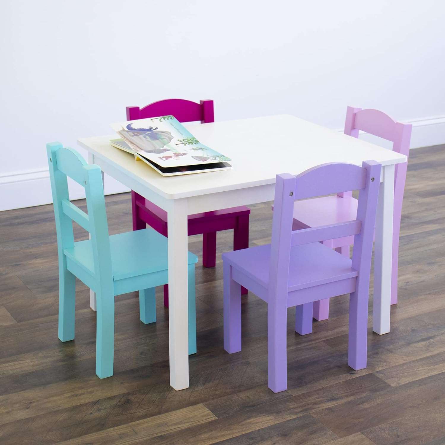 Humble Crew Kids Wooden Table and 4 Chairs Set, White-Pink-Purple-Aqua - Kids Table and Chair Set for Toddlers and Children for Arts, Crafts, and Snack Time - Sturdy, Durable Toddler Activity Table - 4