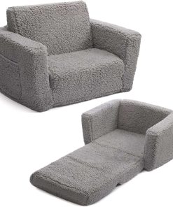 ALIMORDEN 2-in-1 Flip Out Cuddly Sherpa Toddler Couch, Convertible Sofa to Lounger, Grey - 1