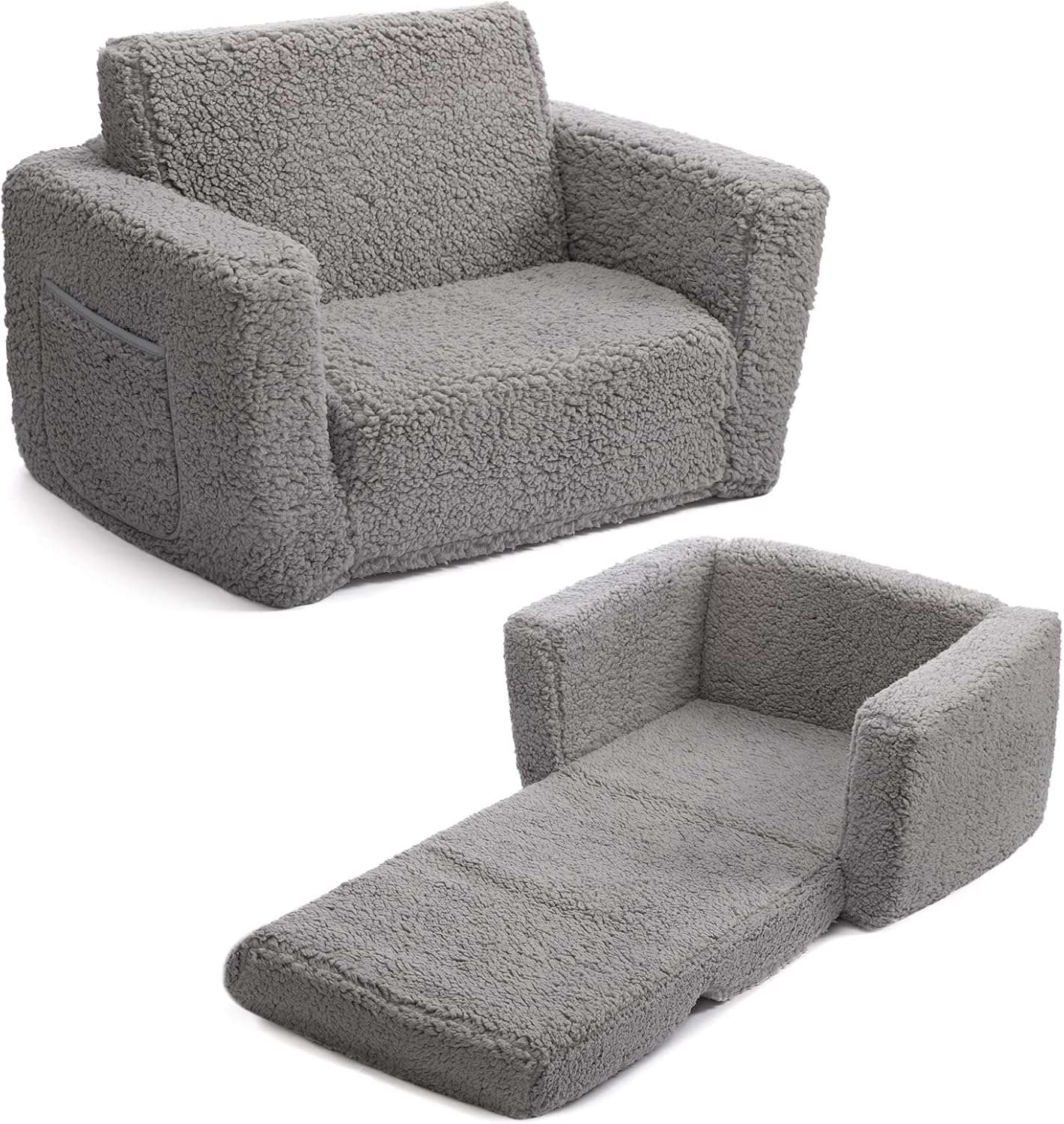 ALIMORDEN 2-in-1 Flip Out Cuddly Sherpa Toddler Couch, Convertible Sofa to Lounger, Grey - 1