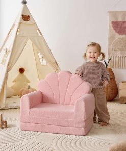 Blissful Diary Kids Couch, 2-in-1 Soft Toddler Couch Fold Out, Toddler Chair Comfy, Convertible Sofa to Lounger, Kids Furniture for Playroom, Gift for Birthday, Children's Day, Pink Shell - 2
