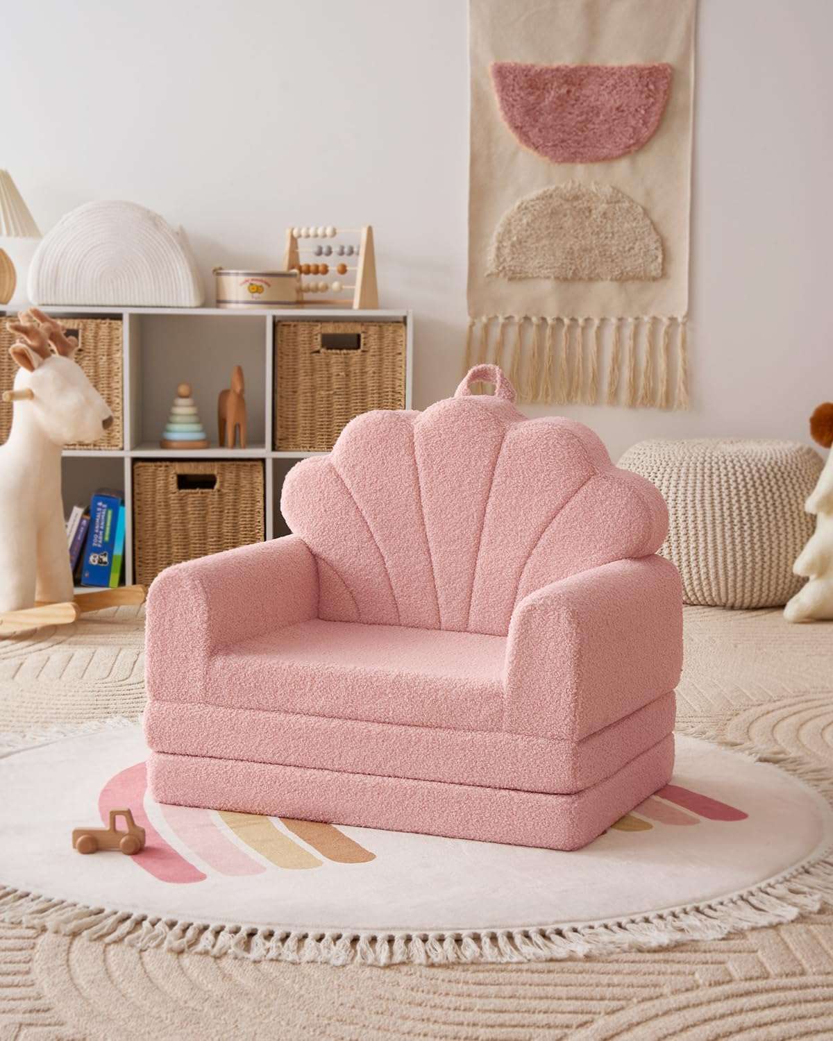 Blissful Diary Kids Couch, 2-in-1 Soft Toddler Couch Fold Out, Toddler Chair Comfy, Convertible Sofa to Lounger, Kids Furniture for Playroom, Gift for Birthday, Children's Day, Pink Shell - 7