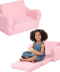 Comfy Toddler Chair, 2-in-1 Toddler Couch Fold Out, Convertible Sherpa Sofa to Lounger for Boys & Girls, Pink - 1