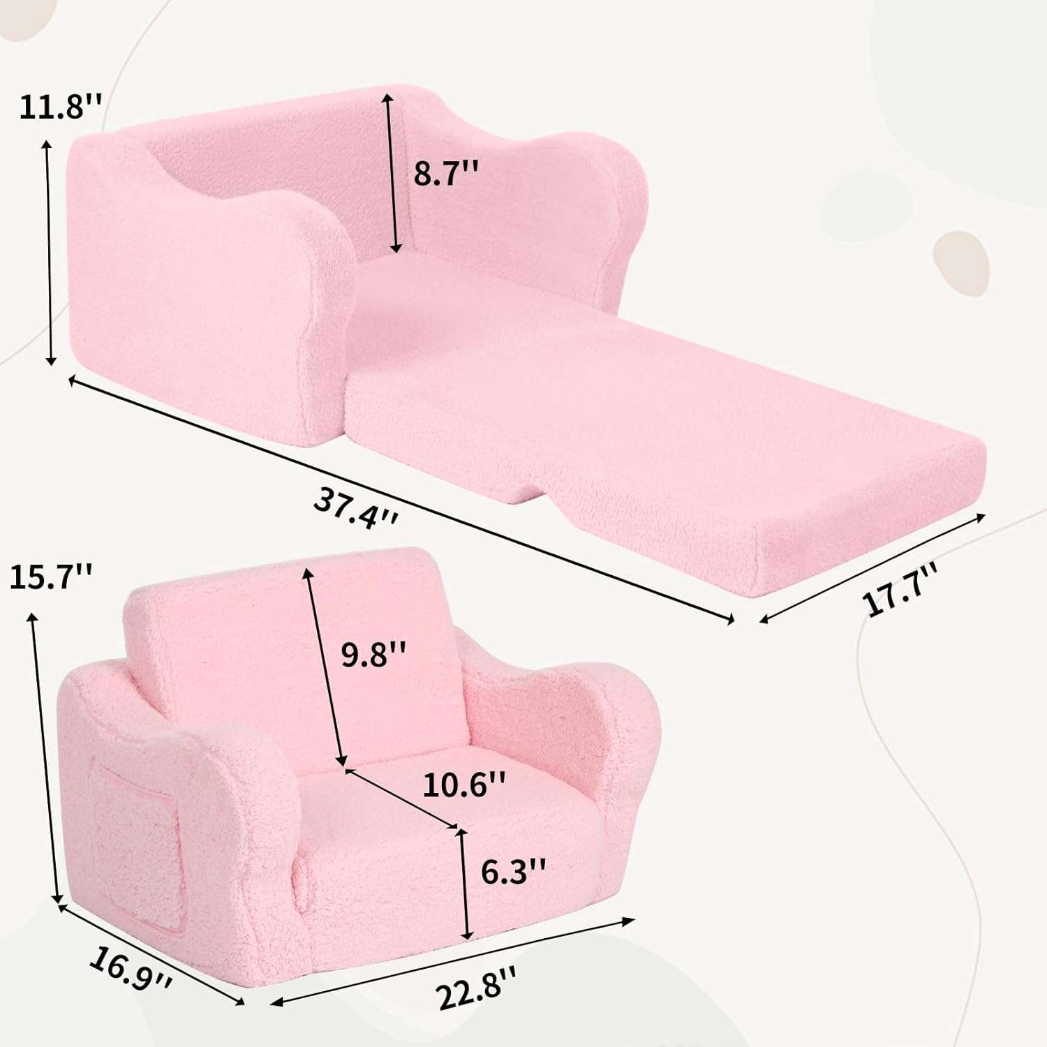 Comfy Toddler Chair, 2-in-1 Toddler Couch Fold Out, Convertible Sherpa Sofa to Lounger for Boys & Girls, Pink - 3