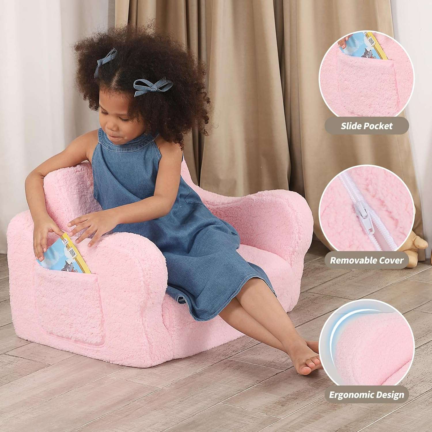 Comfy Toddler Chair, 2-in-1 Toddler Couch Fold Out, Convertible Sherpa Sofa to Lounger for Boys & Girls, Pink - 4