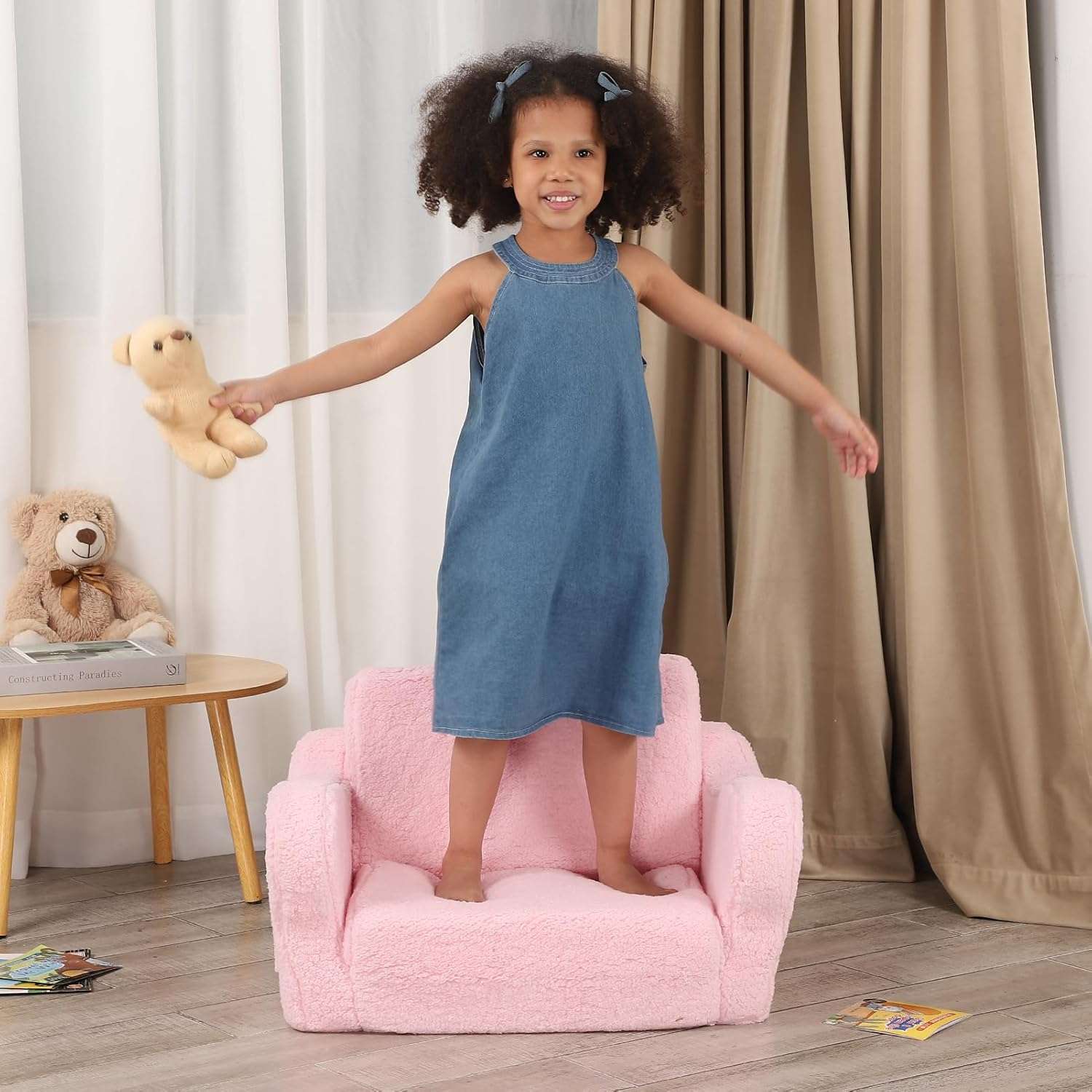 Comfy Toddler Chair, 2-in-1 Toddler Couch Fold Out, Convertible Sherpa Sofa to Lounger for Boys & Girls, Pink - 7