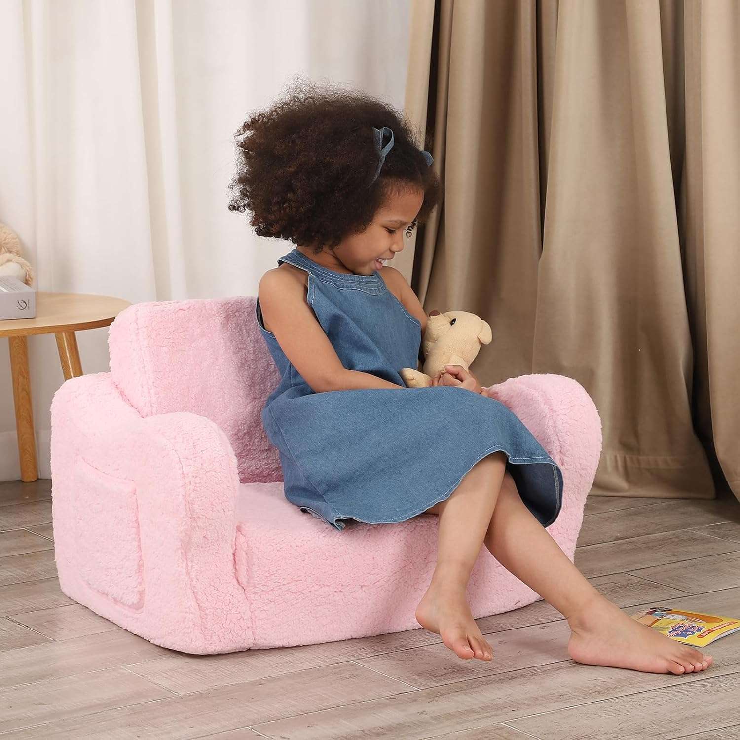 Comfy Toddler Chair, 2-in-1 Toddler Couch Fold Out, Convertible Sherpa Sofa to Lounger for Boys & Girls, Pink - 9