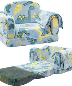 Comfy Toddler Chair and Couch for Kids with Blanket,2-in-1 Soft Plush Fold Out Toddler Couch for Girls and Boys,Convertible Sofa to Lounger for Playroom,Glowing Dinosaur - 1