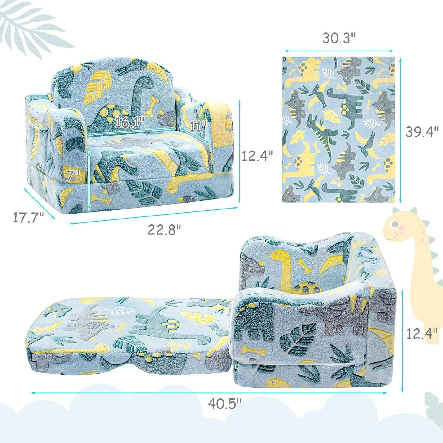 Comfy Toddler Chair and Couch for Kids with Blanket,2-in-1 Soft Plush Fold Out Toddler Couch for Girls and Boys,Convertible Sofa to Lounger for Playroom,Glowing Dinosaur - 2
