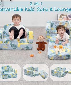 Comfy Toddler Chair and Couch for Kids with Blanket,2-in-1 Soft Plush Fold Out Toddler Couch for Girls and Boys,Convertible Sofa to Lounger for Playroom,Glowing Dinosaur - 3