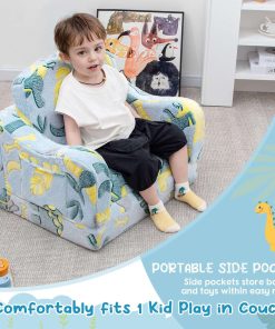 Comfy Toddler Chair and Couch for Kids with Blanket,2-in-1 Soft Plush Fold Out Toddler Couch for Girls and Boys,Convertible Sofa to Lounger for Playroom,Glowing Dinosaur - 4