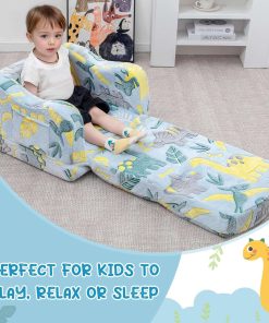 Comfy Toddler Chair and Couch for Kids with Blanket,2-in-1 Soft Plush Fold Out Toddler Couch for Girls and Boys,Convertible Sofa to Lounger for Playroom,Glowing Dinosaur - 5