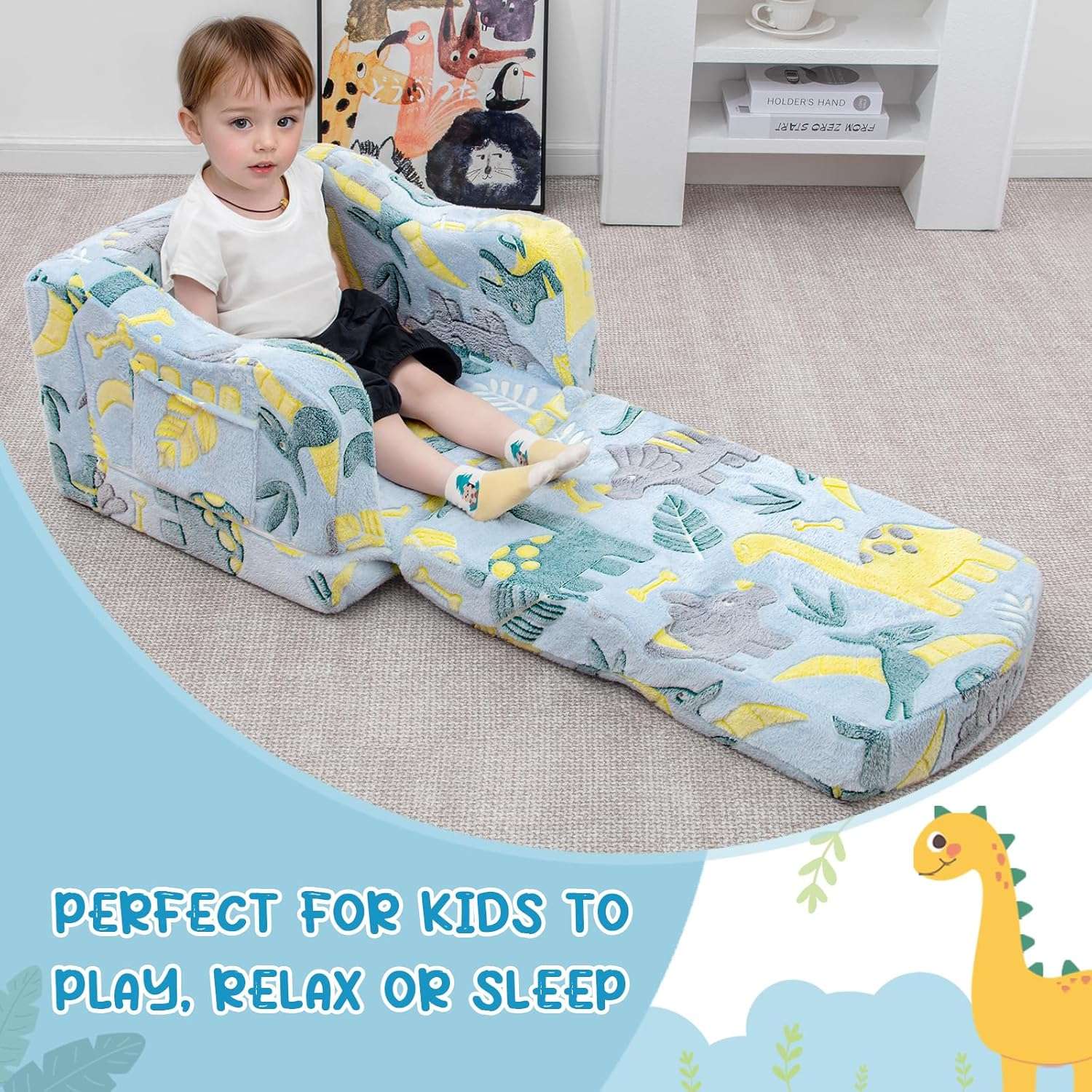 Comfy Toddler Chair and Couch for Kids with Blanket,2-in-1 Soft Plush Fold Out Toddler Couch for Girls and Boys,Convertible Sofa to Lounger for Playroom,Glowing Dinosaur - 5
