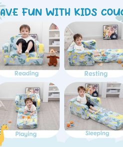 Comfy Toddler Chair and Couch for Kids with Blanket,2-in-1 Soft Plush Fold Out Toddler Couch for Girls and Boys,Convertible Sofa to Lounger for Playroom,Glowing Dinosaur - 8
