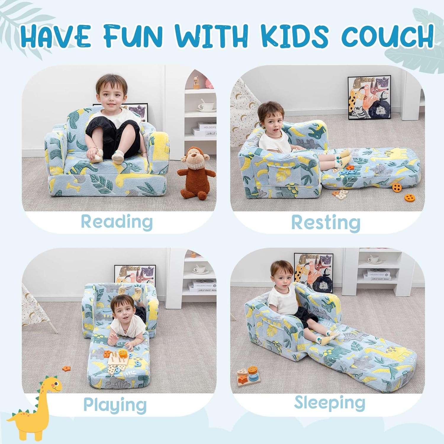 Comfy Toddler Chair and Couch for Kids with Blanket,2-in-1 Soft Plush Fold Out Toddler Couch for Girls and Boys,Convertible Sofa to Lounger for Playroom,Glowing Dinosaur - 8