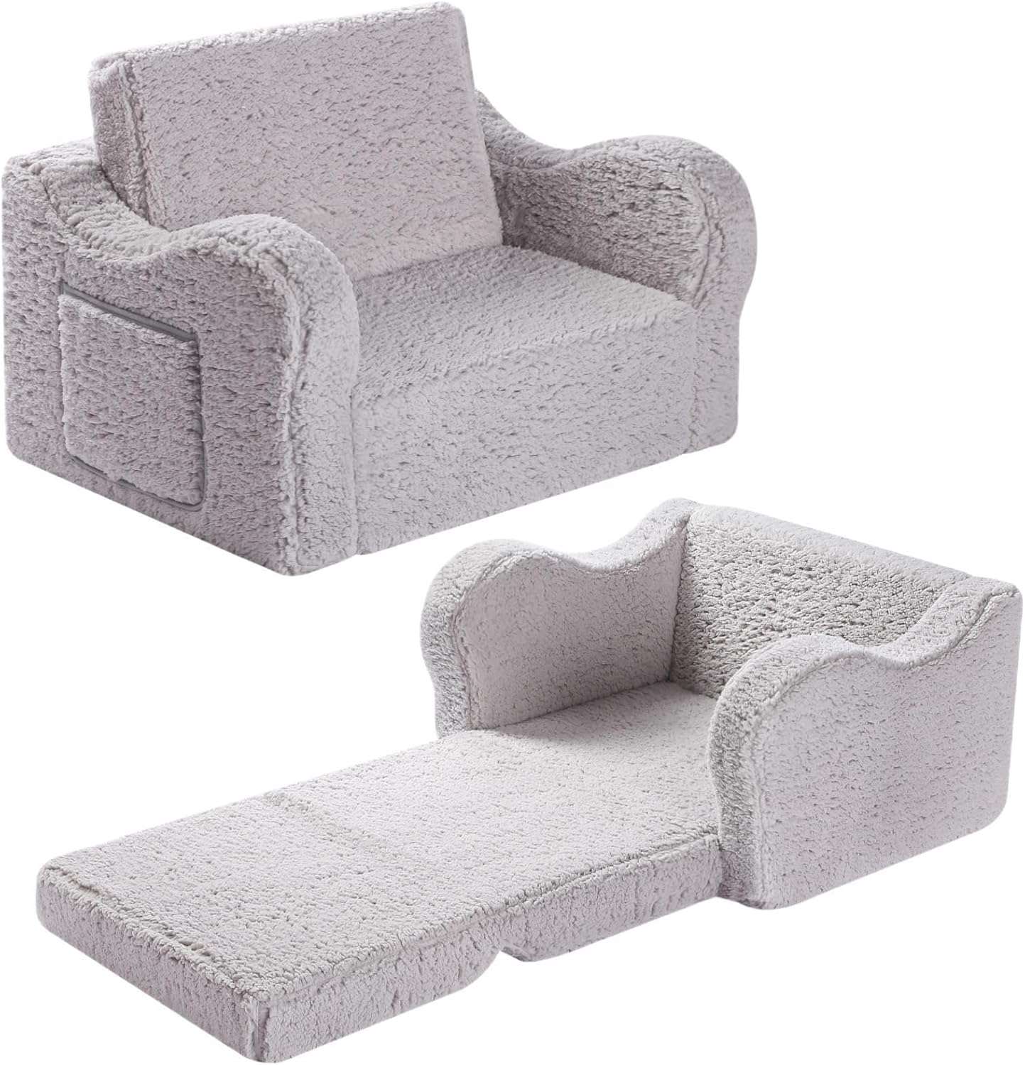 Kids Chairs for Toddler, 2-in-1 Toddler Soft Sherpa Couch Fold Out, Convertible Sofa to Lounger for Girls and Boys, Grey - 1