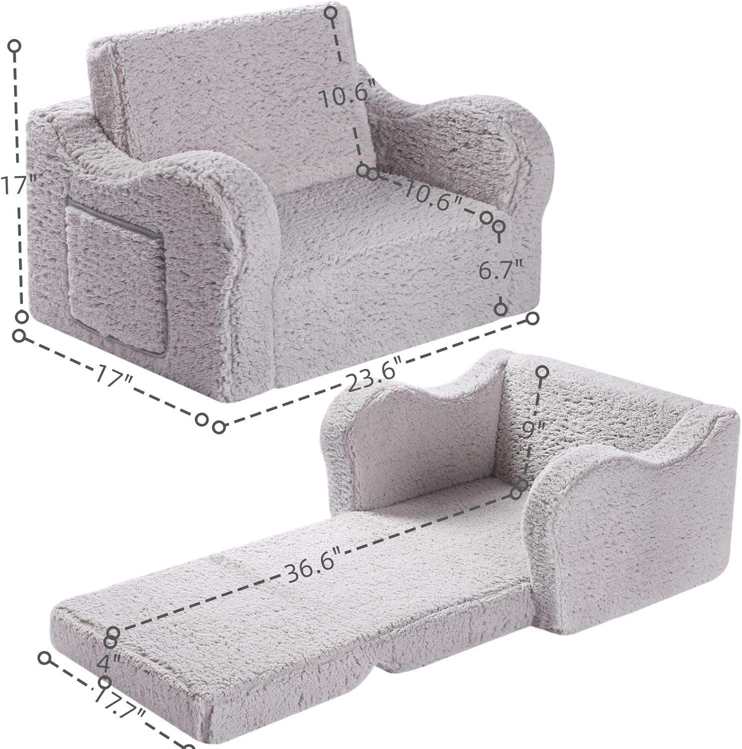 Kids Chairs for Toddler, 2-in-1 Toddler Soft Sherpa Couch Fold Out, Convertible Sofa to Lounger for Girls and Boys, Grey - 3