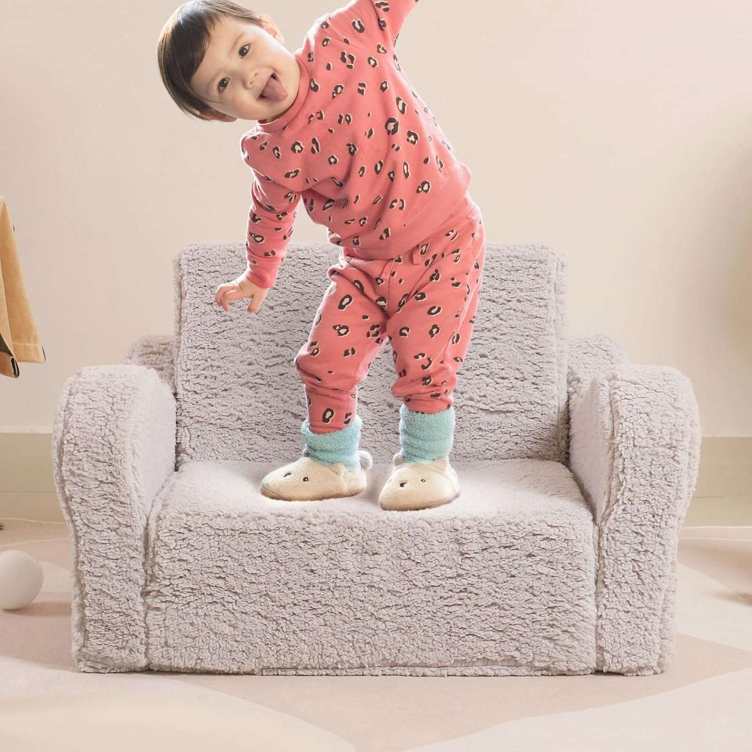 Kids Chairs for Toddler, 2-in-1 Toddler Soft Sherpa Couch Fold Out, Convertible Sofa to Lounger for Girls and Boys, Grey - 4