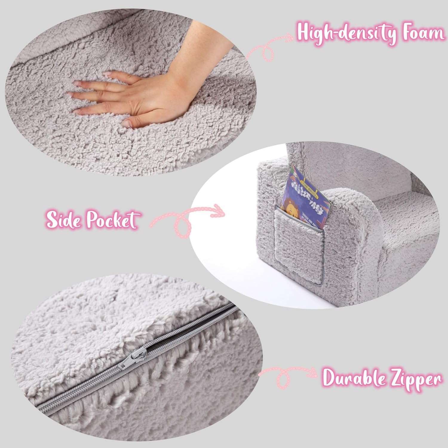 Kids Chairs for Toddler, 2-in-1 Toddler Soft Sherpa Couch Fold Out, Convertible Sofa to Lounger for Girls and Boys, Grey - 7