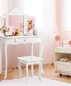 Costzon Kids Wooden Vanity Table & Stool Set, 2 in 1 Detachable Design with Dressing Table and Writing Desk, Princess Makeup Dressing Table with Two 180° Folding Mirror, for Girls, Kids - 1