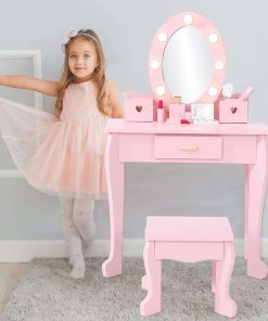 GarveeHome Kids Vanity with Lighted Mirror, Toddler Vanity Table and Chair Set, Girls Makeup Playset, Pink - 1