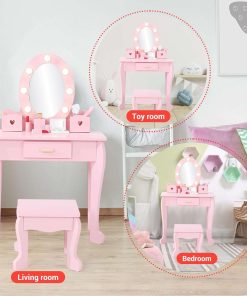 GarveeHome Kids Vanity with Lighted Mirror, Toddler Vanity Table and Chair Set, Girls Makeup Playset, Pink - 7
