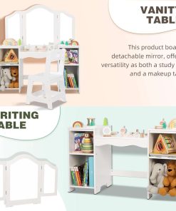 Kids Vanity, 2 in 1 Toddler Vanity for Girls 5-7 with Detachable Tri-Folding Mirror, Kids Desk and Chair Set with DIY Stickers, Dressing Table for Girls - 4