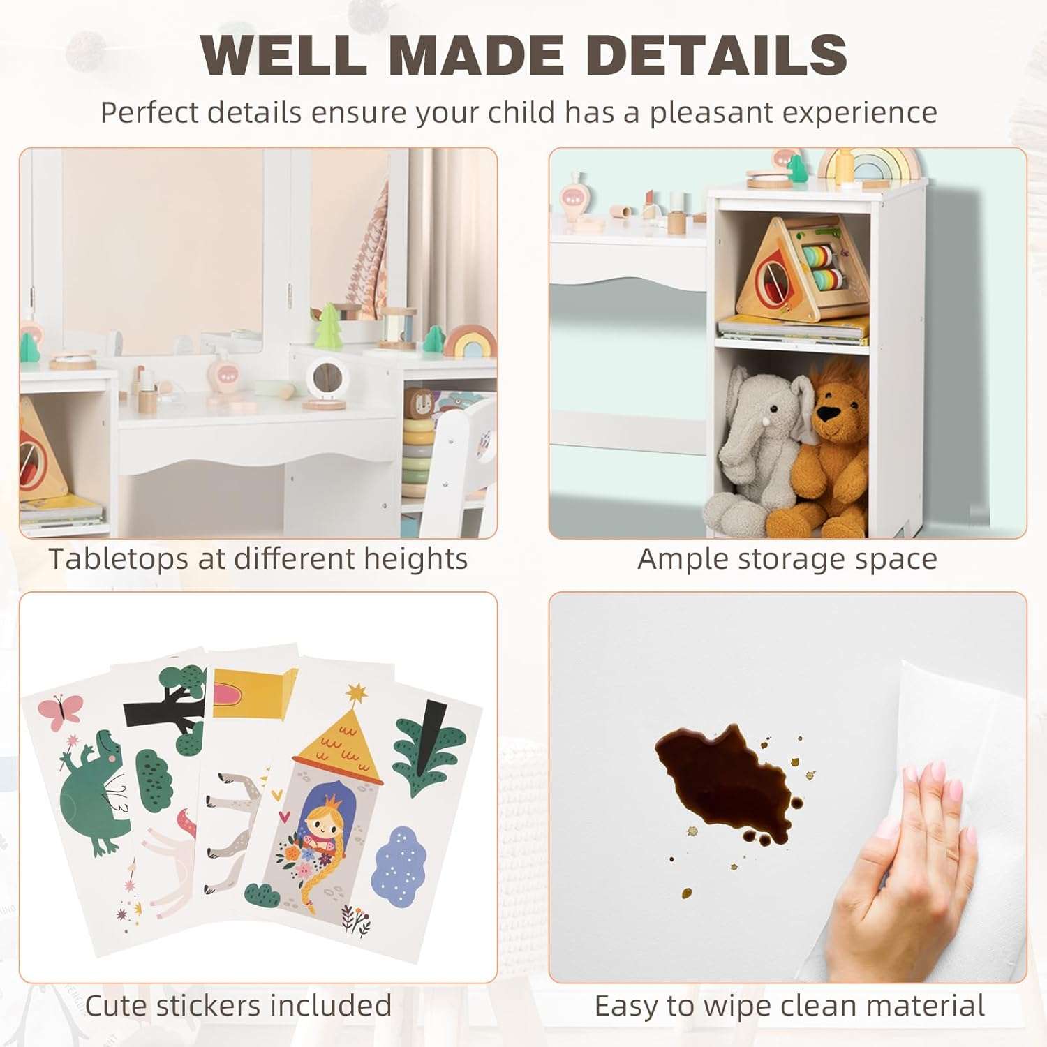 Kids Vanity, 2 in 1 Toddler Vanity for Girls 5-7 with Detachable Tri-Folding Mirror, Kids Desk and Chair Set with DIY Stickers, Dressing Table for Girls - 8
