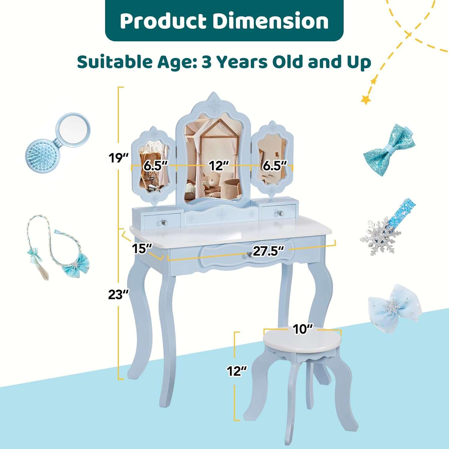 Kids Vanity Set, 2-in-1 Wooden Makeup Table & Stool w-Detachable Tri-fold Mirror, Pretend Play Princess Dressing Table w-Drawer&Accessories, Children Beauty Vanity Set for Girls 3+, Blue - 6