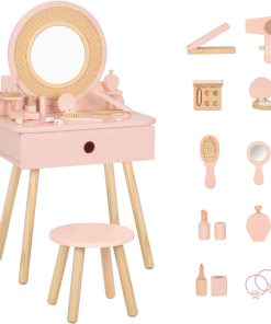 Kids Vanity Table and Chair Set, Pink Girls Vanity with 11 Pcs Accessories, Enough for Real and Pretend Makeup, Toddler Vanity for 3 Year Old and Up as Ideal Gift - 1