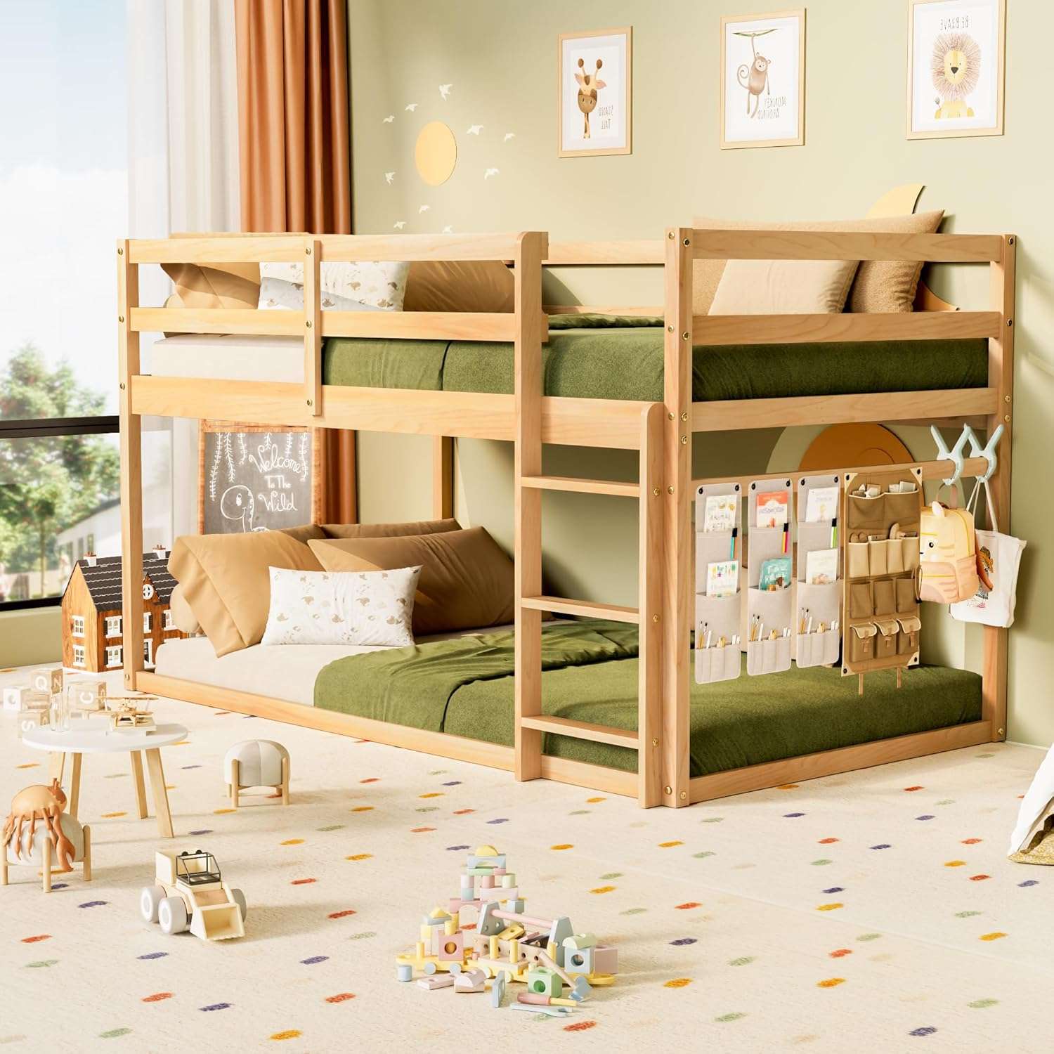 Low Bunk Bed Twin Over Twin, Floor Bunk Bed with Ladder, Twin Bunk Bed with Full Guardrails, Wooden Bunk Bed for Juniors, Boys, Girls, Kids, Bedrooms - 1