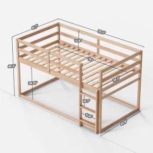 Low Bunk Bed Twin Over Twin, Floor Bunk Bed with Ladder, Twin Bunk Bed with Full Guardrails, Wooden Bunk Bed for Juniors, Boys, Girls, Kids, Bedrooms - 2