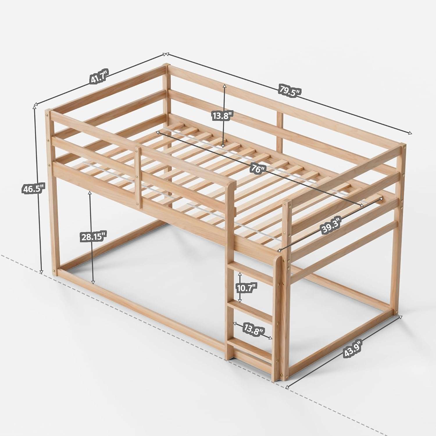 Low Bunk Bed Twin Over Twin, Floor Bunk Bed with Ladder, Twin Bunk Bed with Full Guardrails, Wooden Bunk Bed for Juniors, Boys, Girls, Kids, Bedrooms - 2