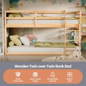 Low Bunk Bed Twin Over Twin, Floor Bunk Bed with Ladder, Twin Bunk Bed with Full Guardrails, Wooden Bunk Bed for Juniors, Boys, Girls, Kids, Bedrooms - 3