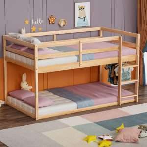 Low Bunk Bed Twin Over Twin, Floor Bunk Bed with Ladder, Twin Bunk Bed with Full Guardrails, Wooden Bunk Bed for Juniors, Boys, Girls, Kids, Bedrooms - 4