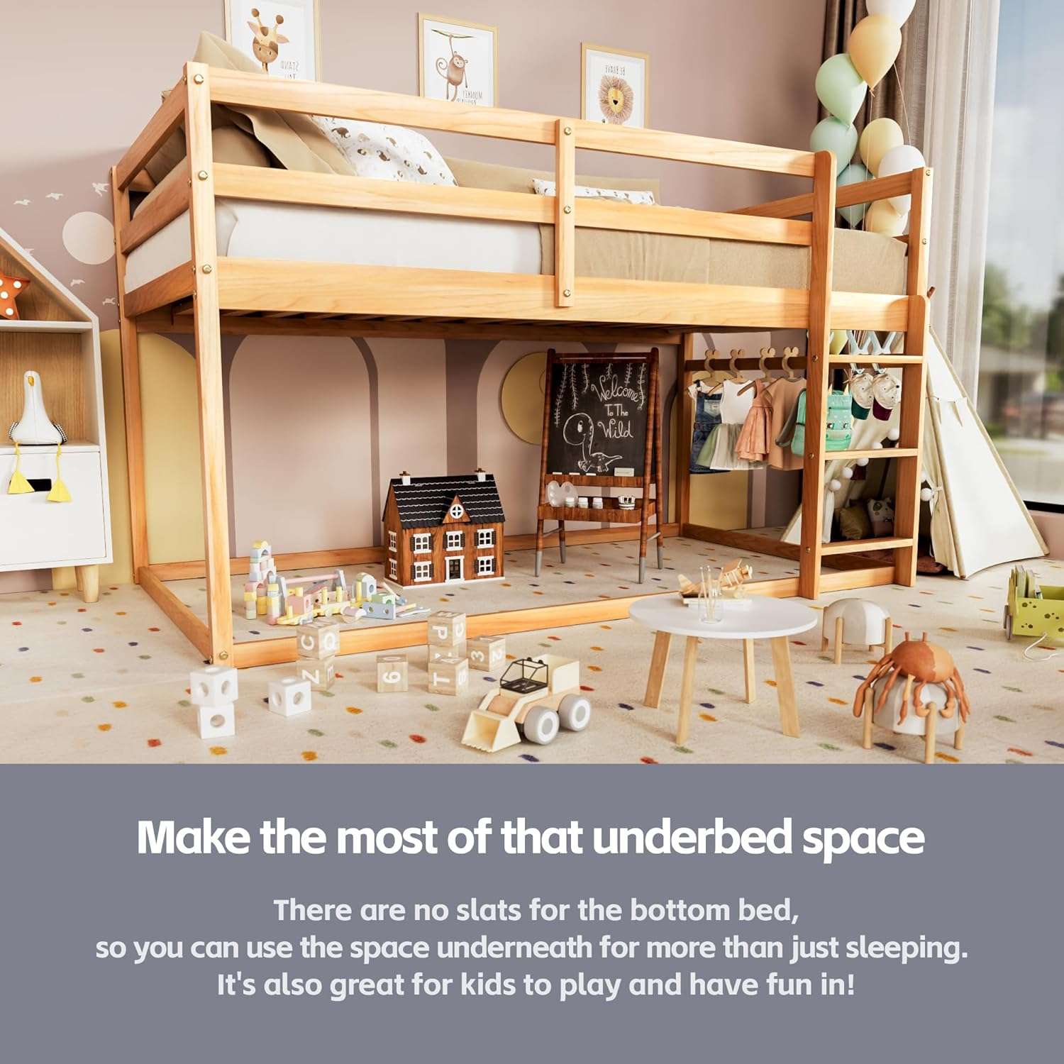 Low Bunk Bed Twin Over Twin, Floor Bunk Bed with Ladder, Twin Bunk Bed with Full Guardrails, Wooden Bunk Bed for Juniors, Boys, Girls, Kids, Bedrooms - 6