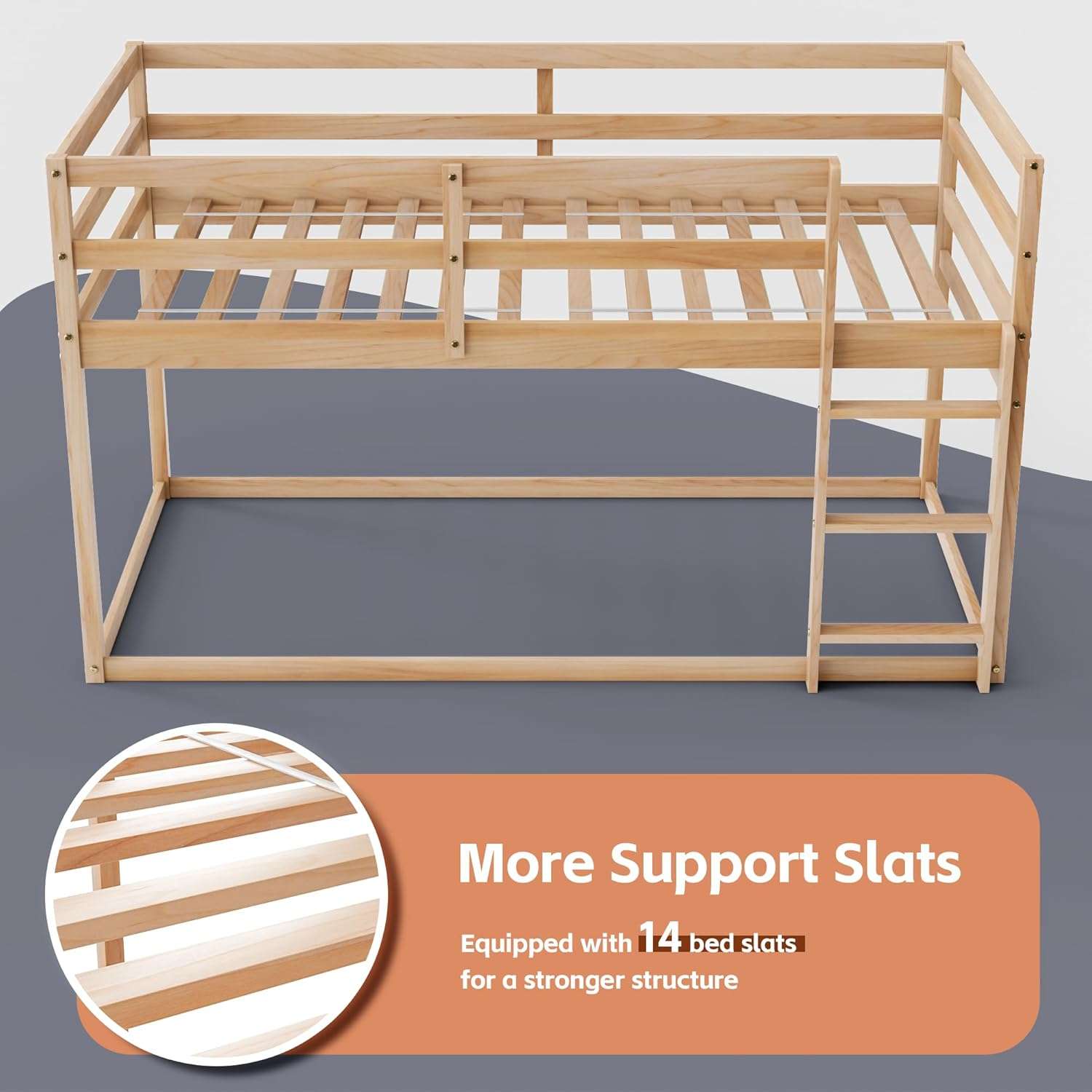 Low Bunk Bed Twin Over Twin, Floor Bunk Bed with Ladder, Twin Bunk Bed with Full Guardrails, Wooden Bunk Bed for Juniors, Boys, Girls, Kids, Bedrooms - 7