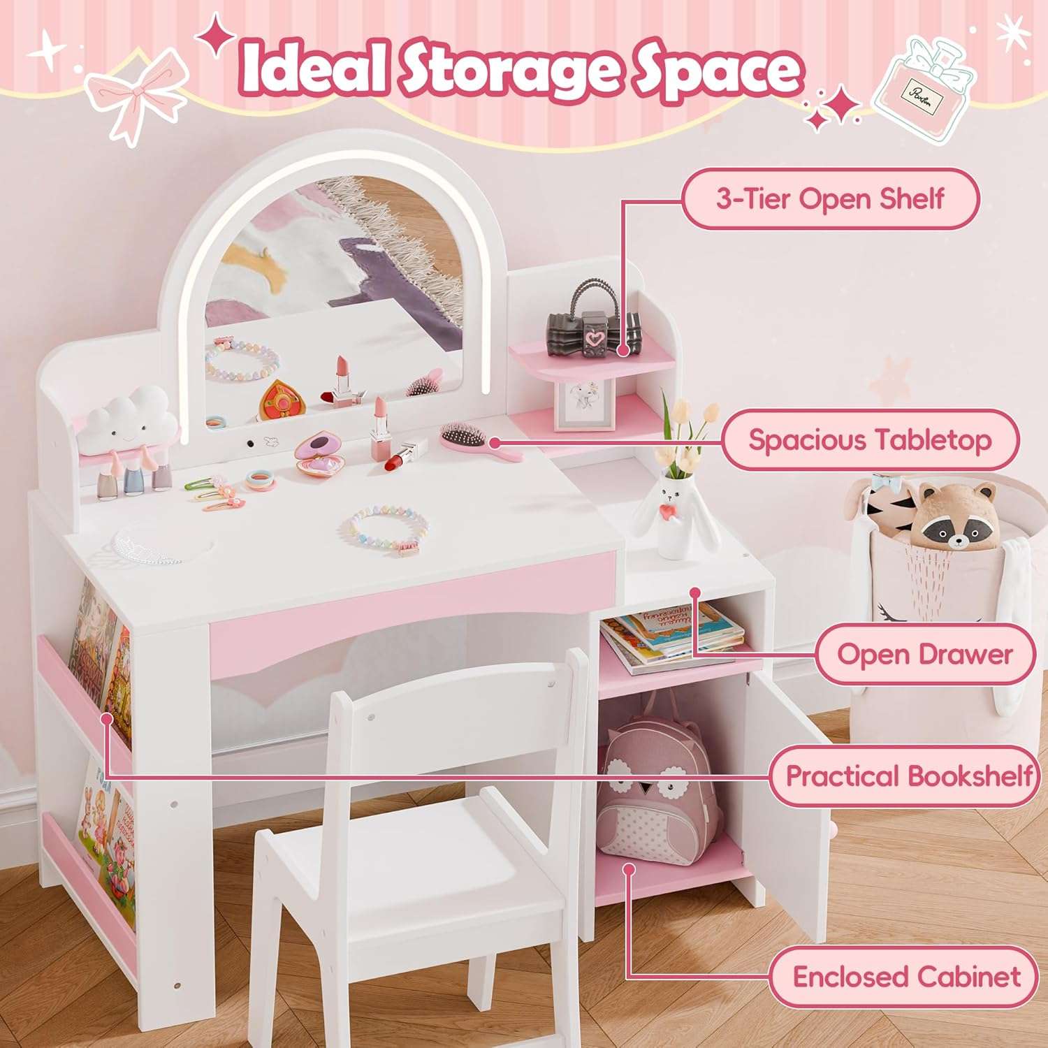 MU Kids Vanity with Lights, Princess Makeup Vanity Desk with Open Bookshelf, Storage Cabinet & Shelves, 2 in 1 Toddler Vanity Table & Chair Set with Lighted Mirror for Little Girls - 2