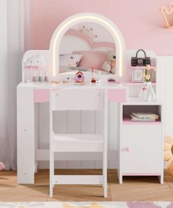 MU Kids Vanity with Lights, Princess Makeup Vanity Desk with Open Bookshelf, Storage Cabinet & Shelves, 2 in 1 Toddler Vanity Table & Chair Set with Lighted Mirror for Little Girls - 3