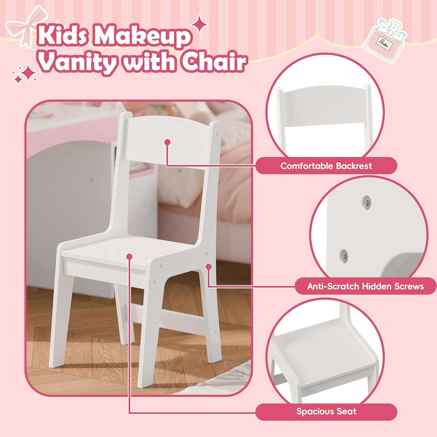 MU Kids Vanity with Lights, Princess Makeup Vanity Desk with Open Bookshelf, Storage Cabinet & Shelves, 2 in 1 Toddler Vanity Table & Chair Set with Lighted Mirror for Little Girls - 6