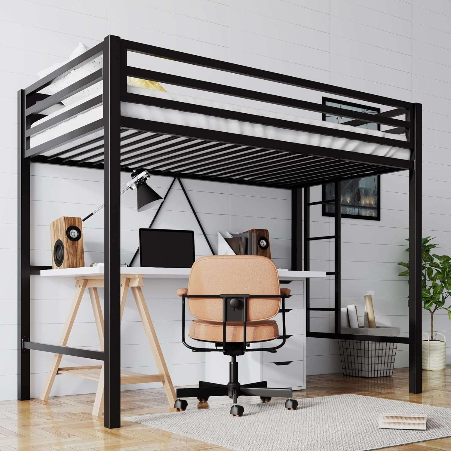 SHA CERLIN Loft Bed Twin Size with Ladder and Guardrail,Heavy Duty Metal Slats Support No Box Spring Needed Small Space Saving Furniture for Bedroom Dorm,Black - 1
