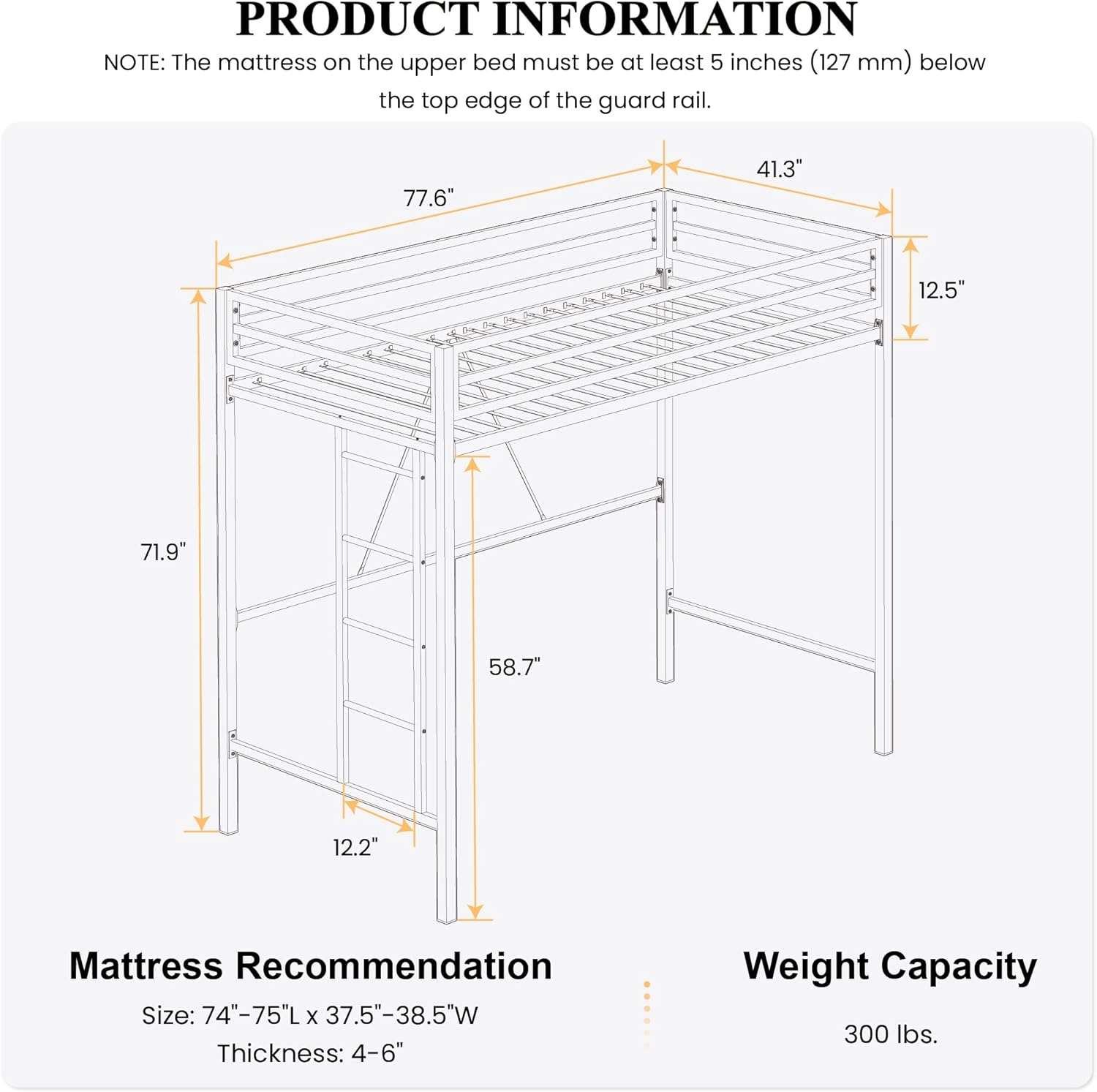 SHA CERLIN Loft Bed Twin Size with Ladder and Guardrail,Heavy Duty Metal Slats Support No Box Spring Needed Small Space Saving Furniture for Bedroom Dorm,Black - Image 8