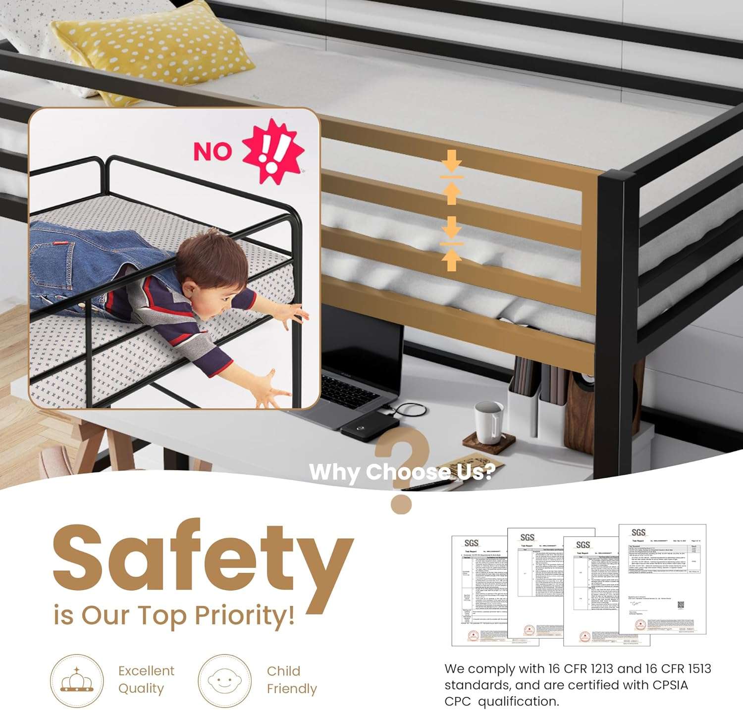 SHA CERLIN Loft Bed Twin Size with Ladder and Guardrail,Heavy Duty Metal Slats Support No Box Spring Needed Small Space Saving Furniture for Bedroom Dorm,Black - 3